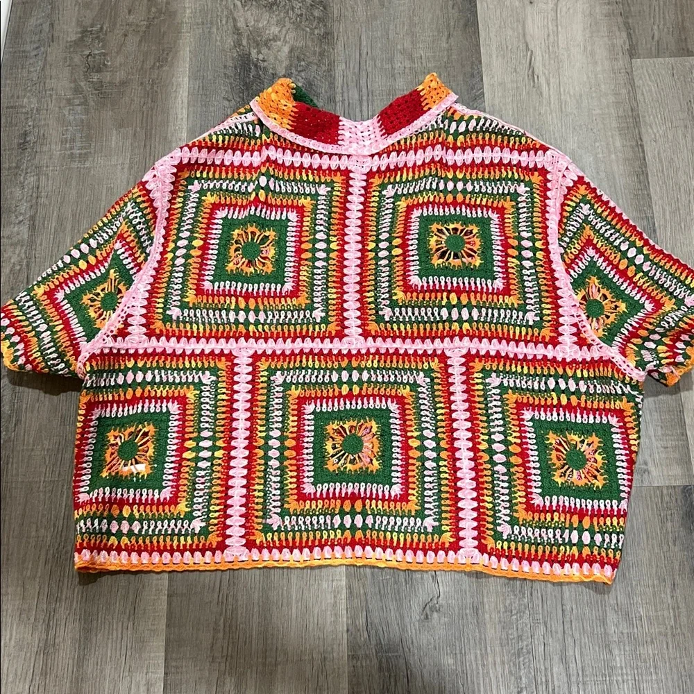 Blue B Collection Multi Color Short sleeve Crochet Granny Square sweater - Picture 8 of 8